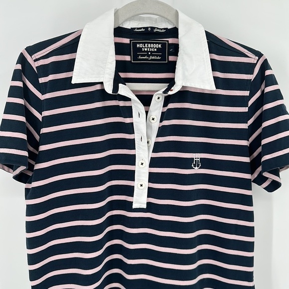 Holbrook Sweden Navy & Pink Striped Cotton Dress Size Large - Picture 1 of 12